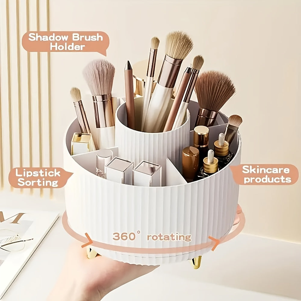 360° Rotating Makeup Organizer with 5 compartments for brushes, lipsticks, skincare, and stationery. Durable unscented desk caddy with luxury stripe design.