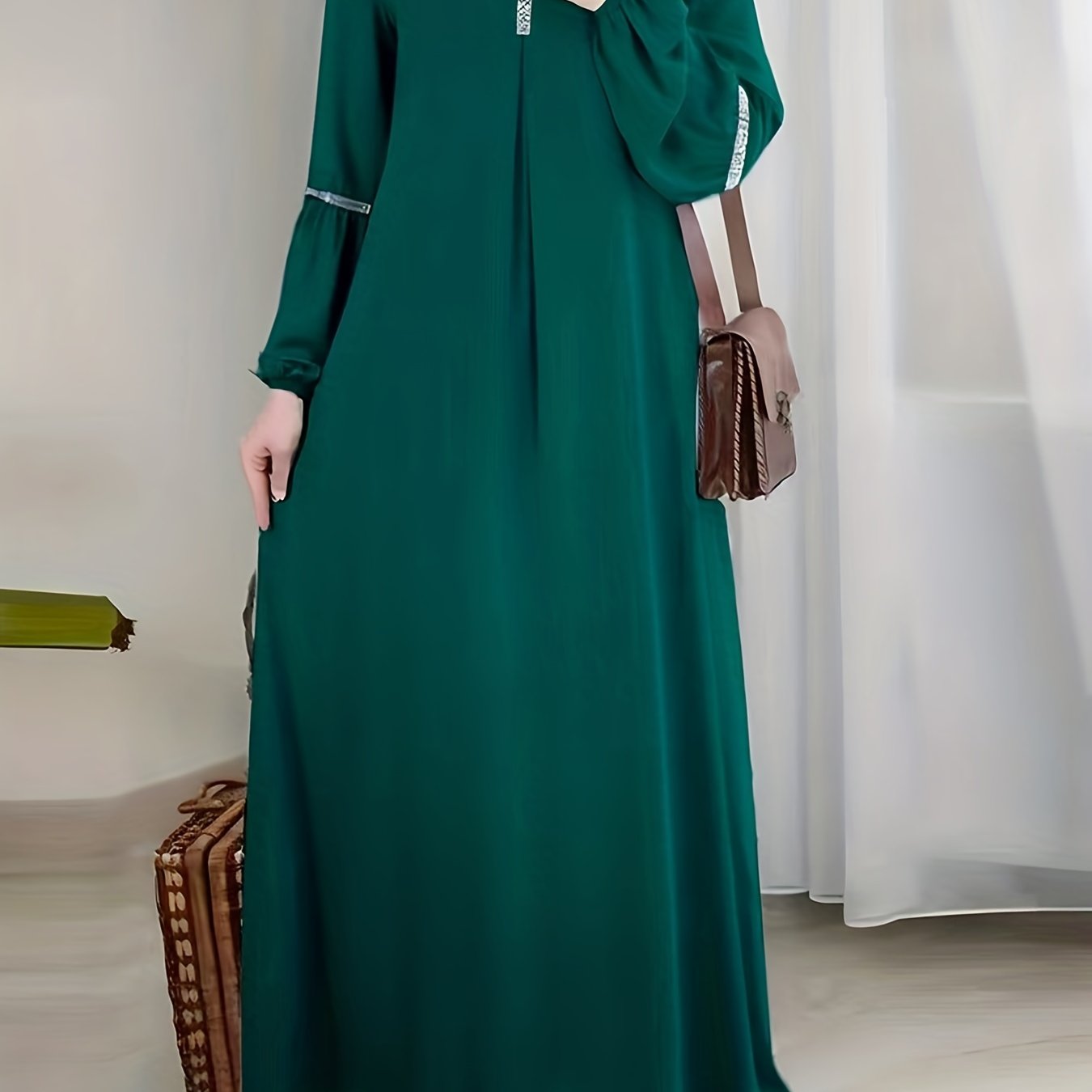 Stylish Green Sequin-Trimmed Abaya Kaftan Dress for Women - Long Sleeve, Round Neck, Polyester, Machine Washable - Ideal for all seasons.