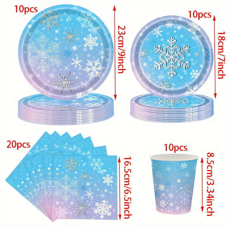 Frozen themed party tableware for 10 guests, including snowflake plates, cups, napkins, and dinnerware set. Perfect for a holiday birthday party or Christmas winter wonderland celebration. Ideal for Frozen birthday party decorations.