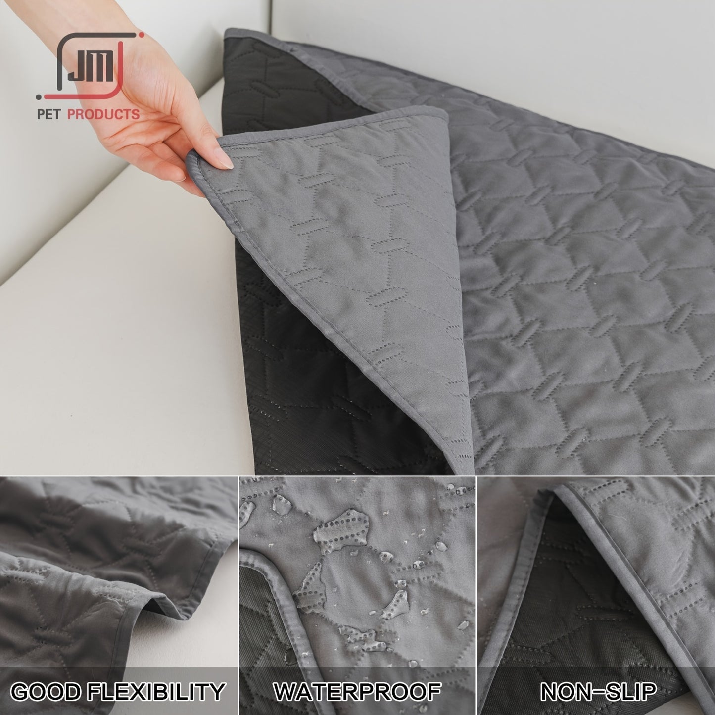 Multi-size dark grey waterproof pet mat for dogs and cats with anti-fouling properties, polyester fiber filling. Suitable for all seasons, ideal for outdoor use, car back seat, and pet