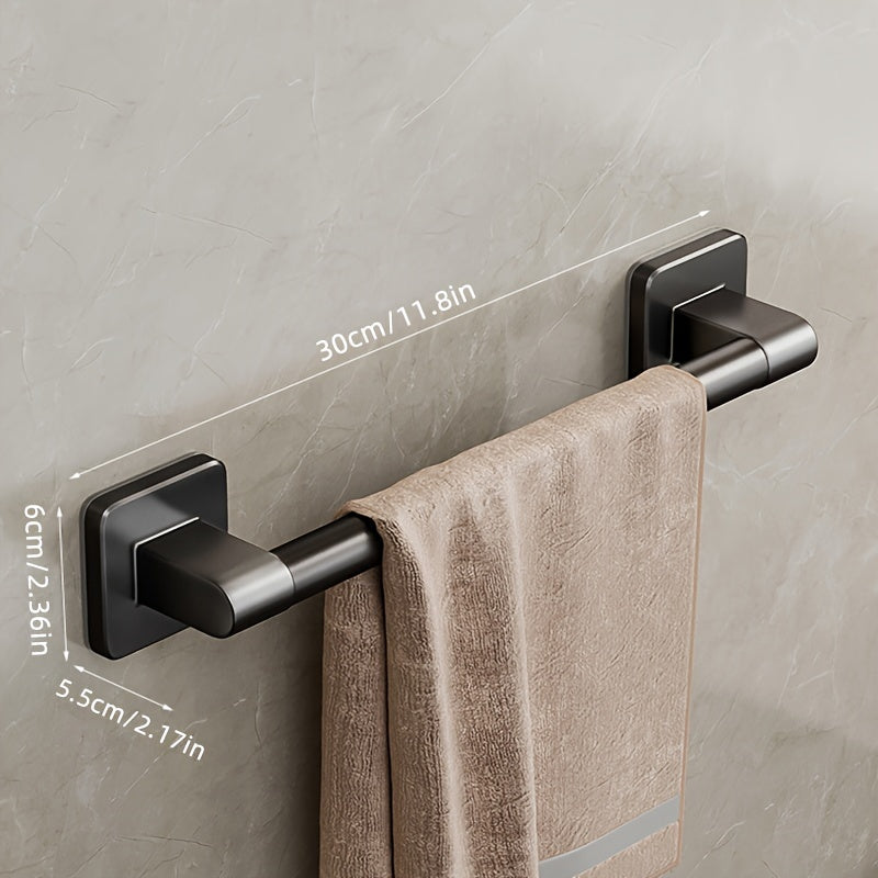 Wall-mounted towel rack for bathroom made of durable space aluminum and plastic. Easy installation with no drilling required. Single rod design for organizing towels.