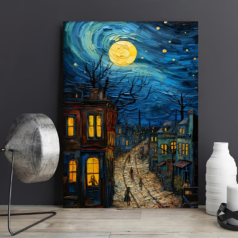 Vincent van Gogh "Starry Night" canvas art print - vibrant oil painting reproduction, unframed wall decor for multiple rooms, vertical orientation.