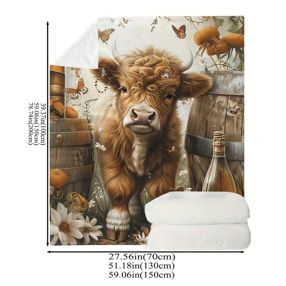 Highland Cow and Wine Barrel Printed Throw Blanket in Contemporary Style - Versatile, Cozy, and Long-Lasting for Any Time of Year