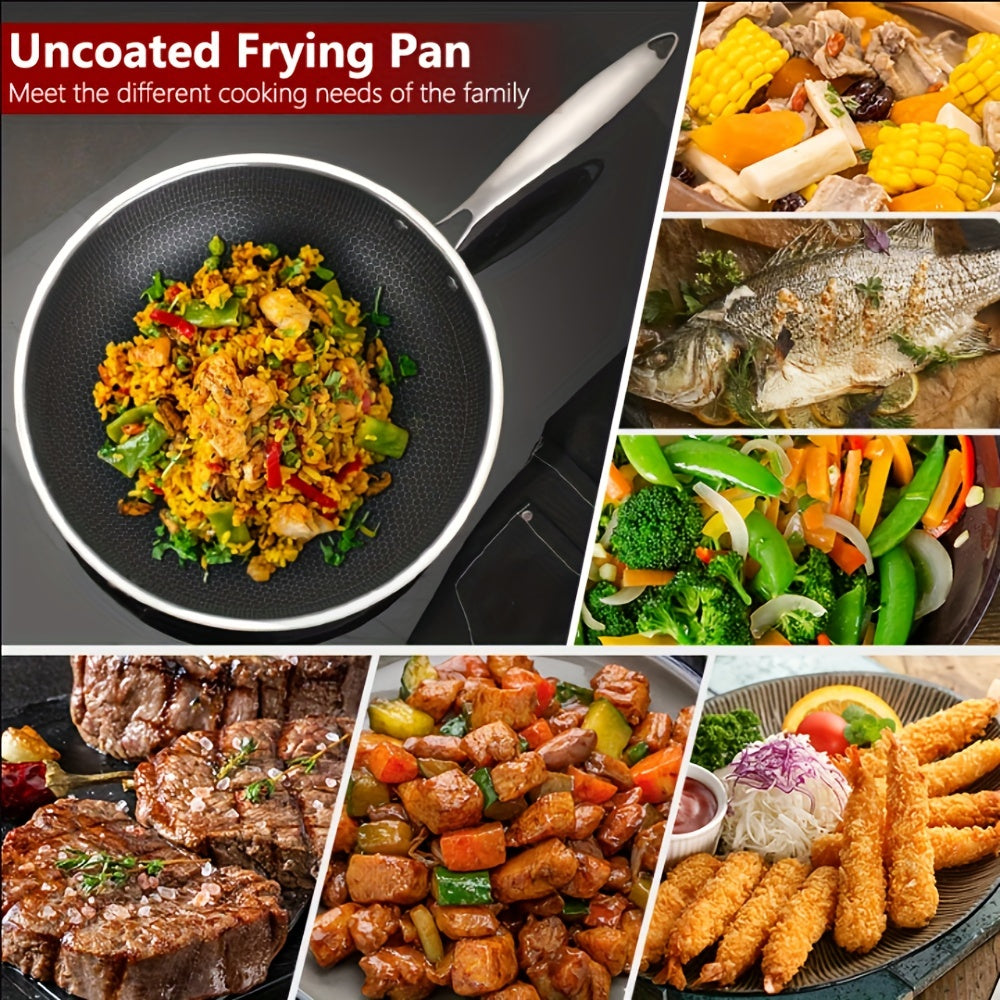 Enjoy even cooking with the versatile Tri-Ply Stainless Steel Frying Pan! Featuring a honeycomb design and a glass lid, it is compatible with all stove types and is dishwasher safe for easy cleaning.