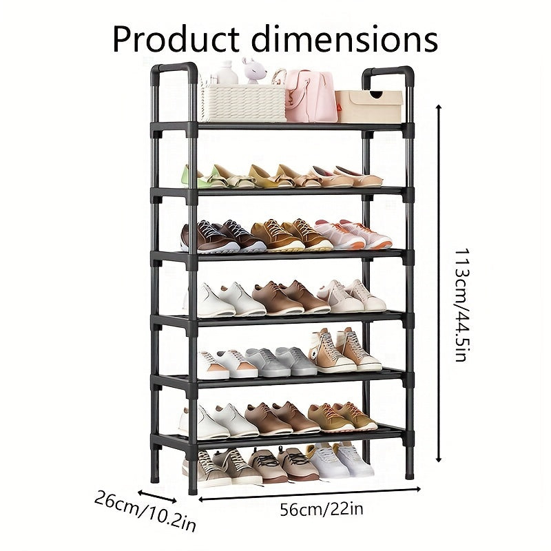 Upgrade your shoe organization with this sleek black metal and plastic shoe rack. With six tiers, it provides ample storage space for all your shoes, whether in the entryway, bedroom, or even outdoor. This stackable and freestanding shoe organizer is