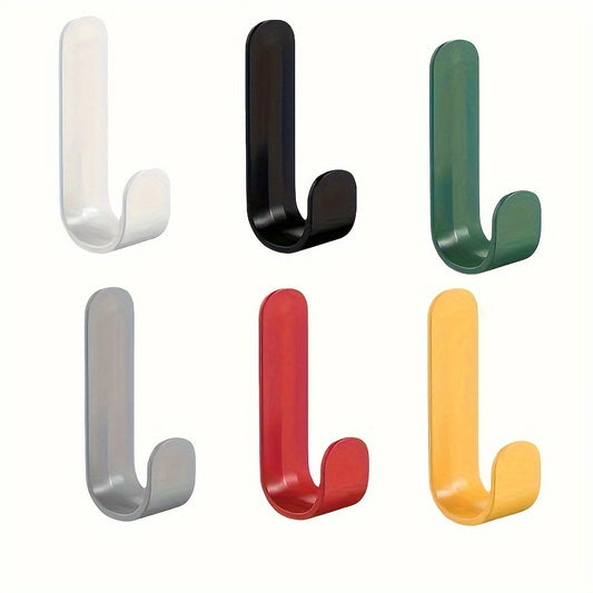 6 strong adhesive J-shaped hooks for kitchen storage, with no-drill, rust-resistant plastic design.