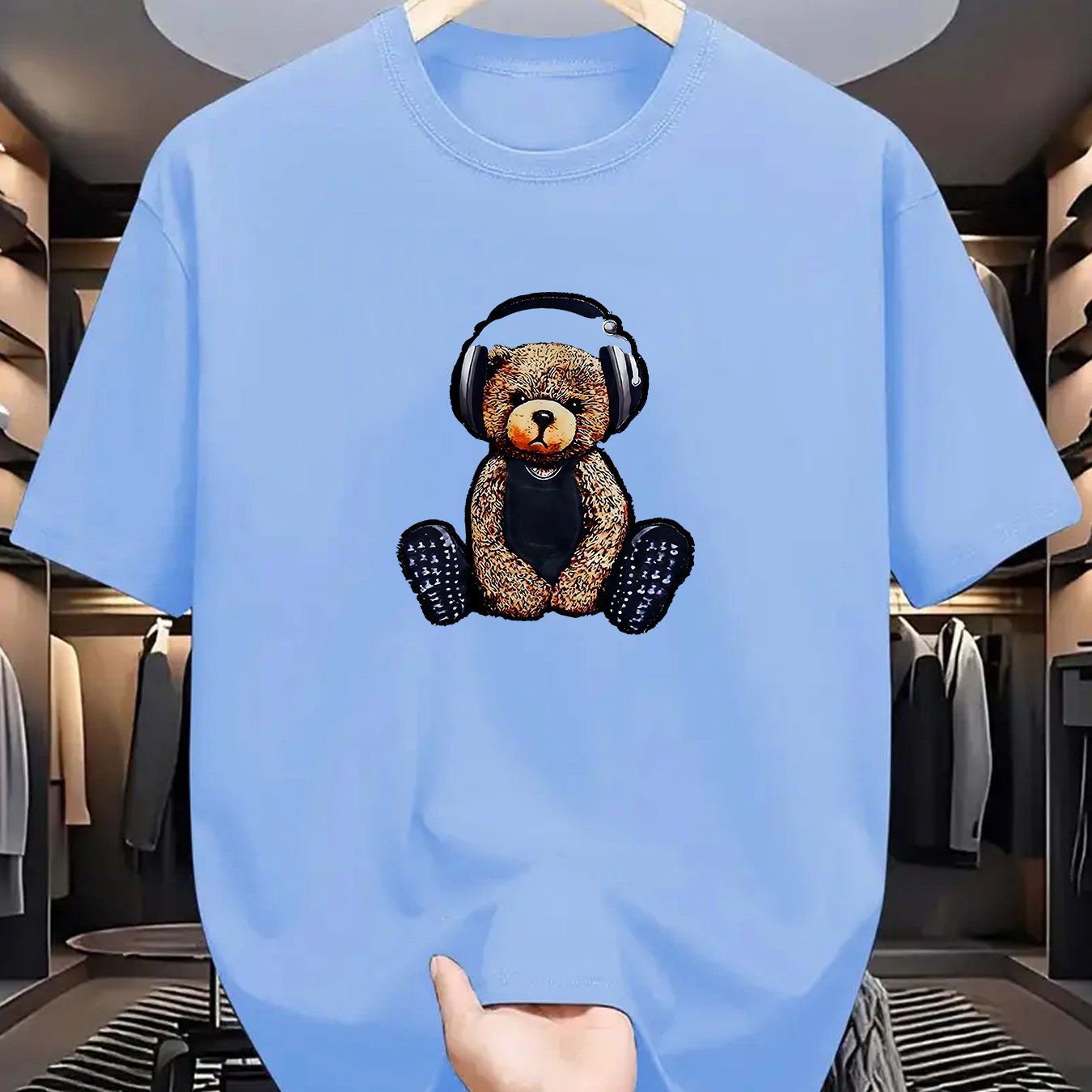 Men's Dark Green T-Shirt with Teddy Bear & Headphones Graphic - Stretchy, Breathable Polyester Tee - Perfect for Summer Outdoor Activities