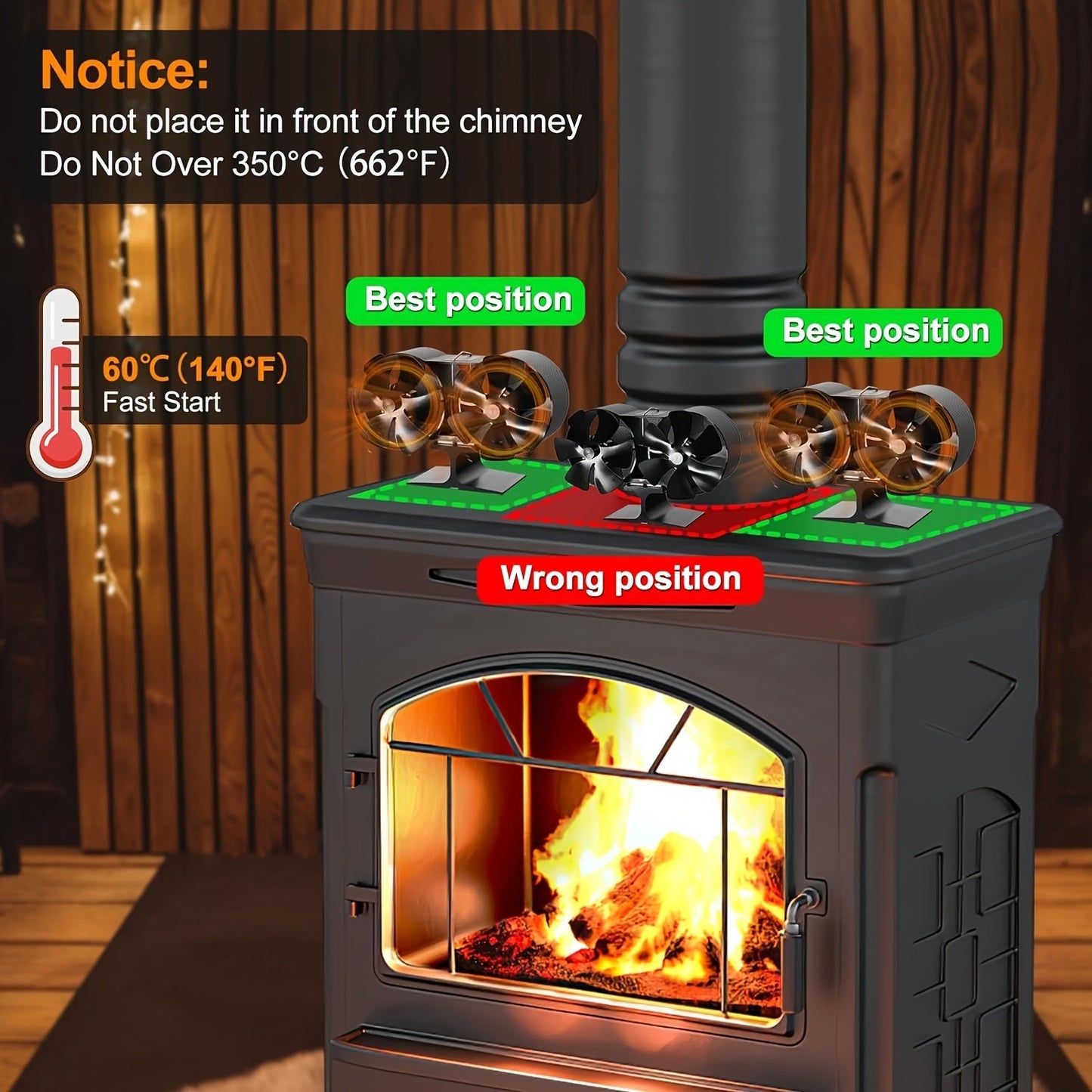 12-Blade Heat Powered Stove Accessory Fireplace Fan for Wood/Gas/Log Burners. Dual-Head Design, Aluminum with Polished Finish, Non-Electric Operation.