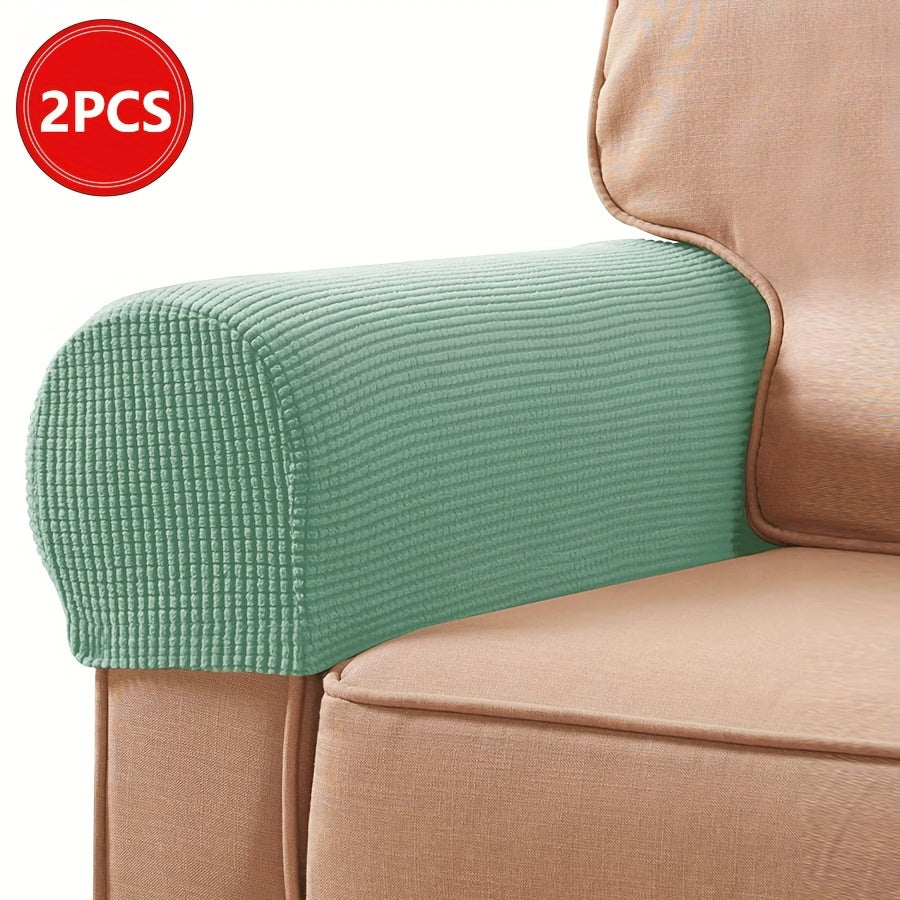 2 Stretch Armrest Covers made of durable spandex blend with plush texture. Scratch & dust resistant, and machine washable. Fits single to four-seater sofas & recliners in various colors.