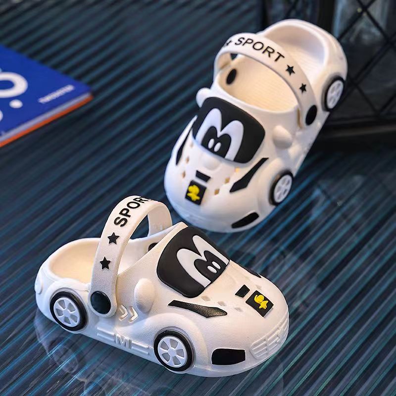 Kids Cartoon Car Slippers: Soft PVC indoor/outdoor clogs for boys and girls ages 14 and under. Slip-on water shoes for infants and toddlers.