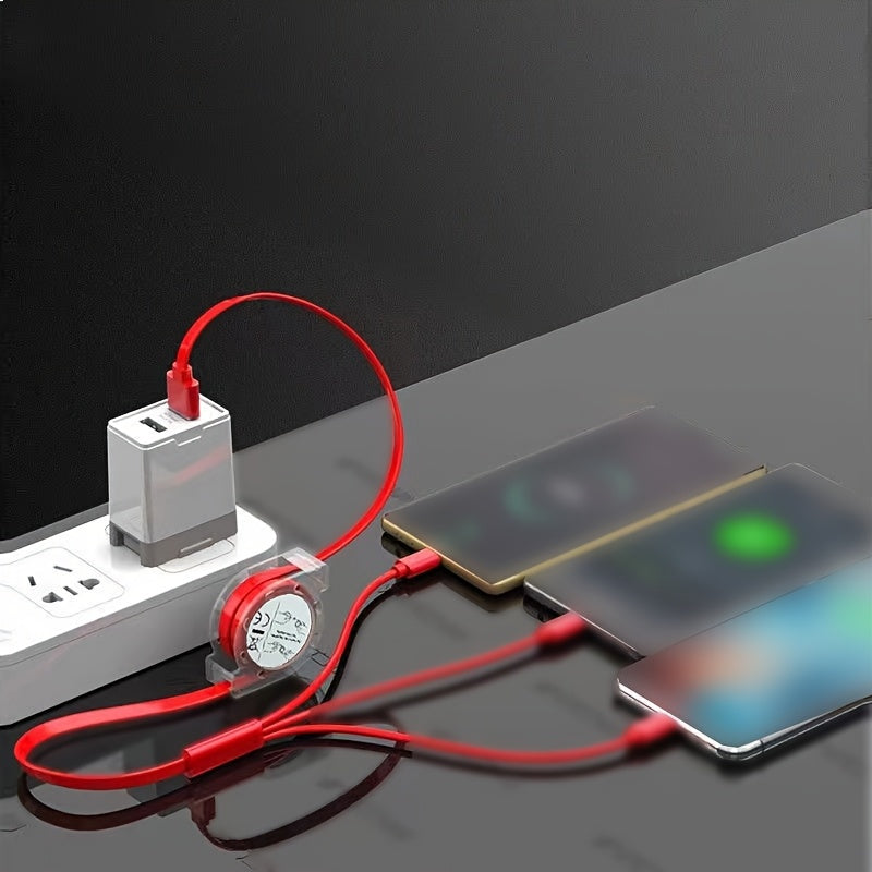 Multi-functional USB charging cable compatible with various devices such as iPhones, Samsung Galaxy, Honor, Realme, and Xiaomi.