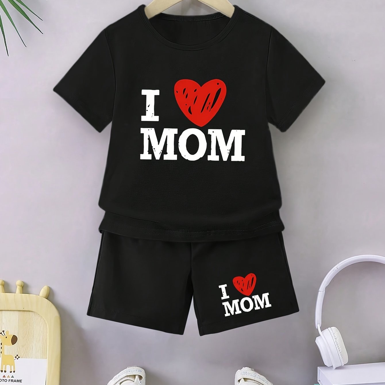 2-piece Boys' "I Love Mom" Tee & Shorts Set - Soft polyester blend, machine washable, ideal for Mother's Day and outdoor activities.