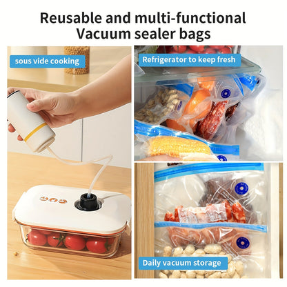 The set includes three sizes of food vacuum storage bags (4 pieces of 21.59 cm x 20.32 cm, 3 pieces of 27.94 cm x 25.4 cm, and 3 pieces of 34.29 cm x 25.4 cm) along with a handheld electric vacuum machine. Additionally, there are vacuum-sealed zipper