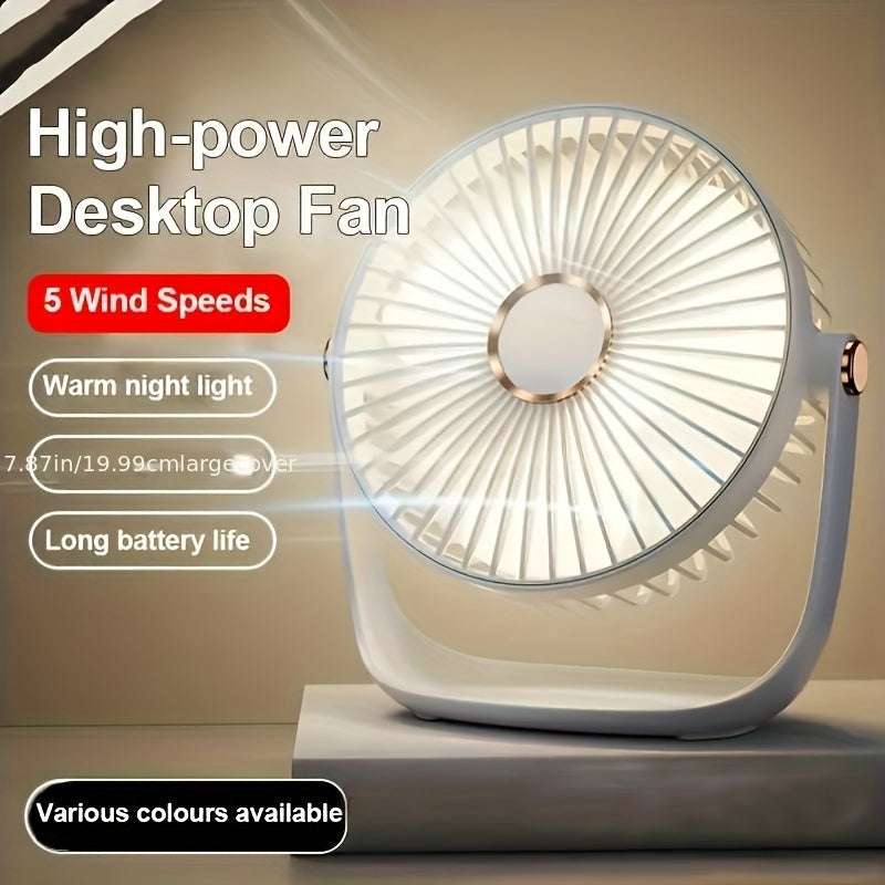 JKUOO Portable Desk Fan with LED Night Light, 2.5W USB Rechargeable Table Fan, 5-Speed High-Powered Quiet Motor, 1200mAh Lithium Battery, Button-operated, Made from Durable Plastic, Suitable for Office, Fishing, Camping, and Travel