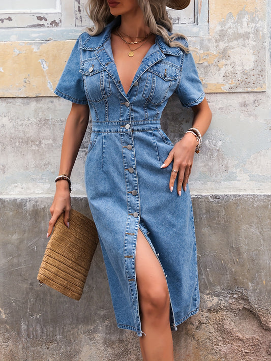 Casual denim dress for women: mid-length, short sleeves, button-up front, flap pockets, light blue.