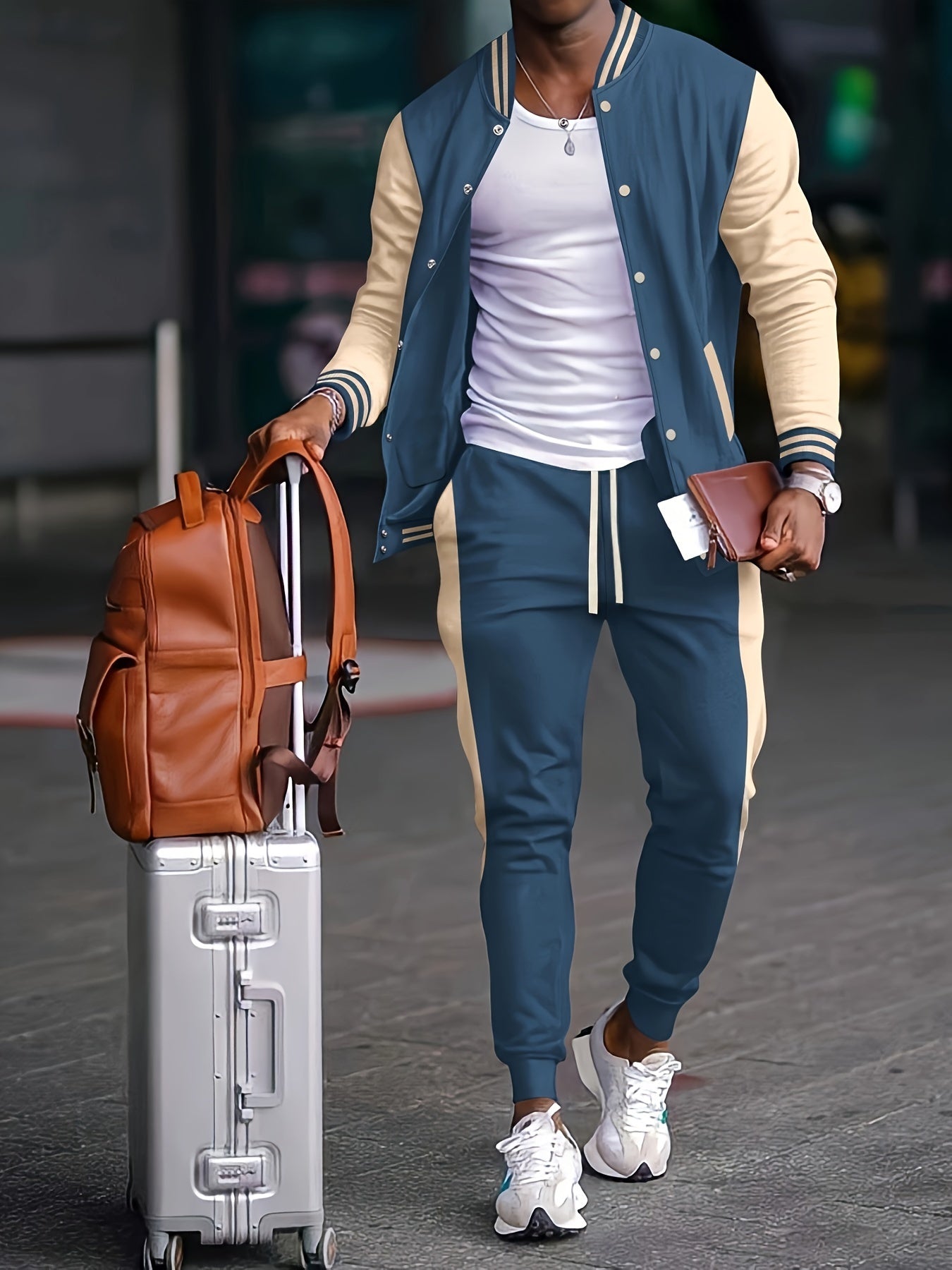 Men's casual baseball collar jacket and pant set in color block, with long sleeve sweatshirt and sweatpants made of polyester. Features button detail and is part of the Spring/Fall