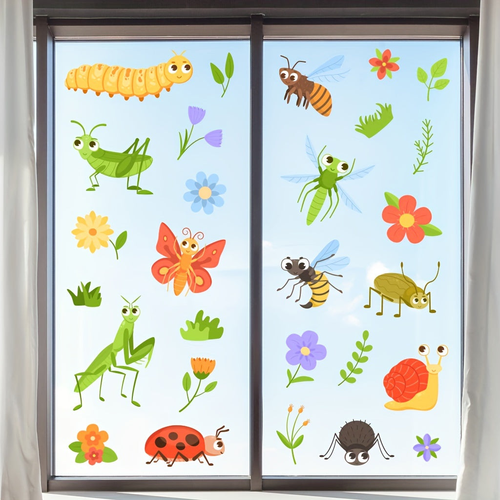 Two static electricity glass stickers featuring cartoon insects and flowers with intricate detailing. These decorative stickers are detachable and designed for glass windows measuring 29.97cm x 20.07cm.