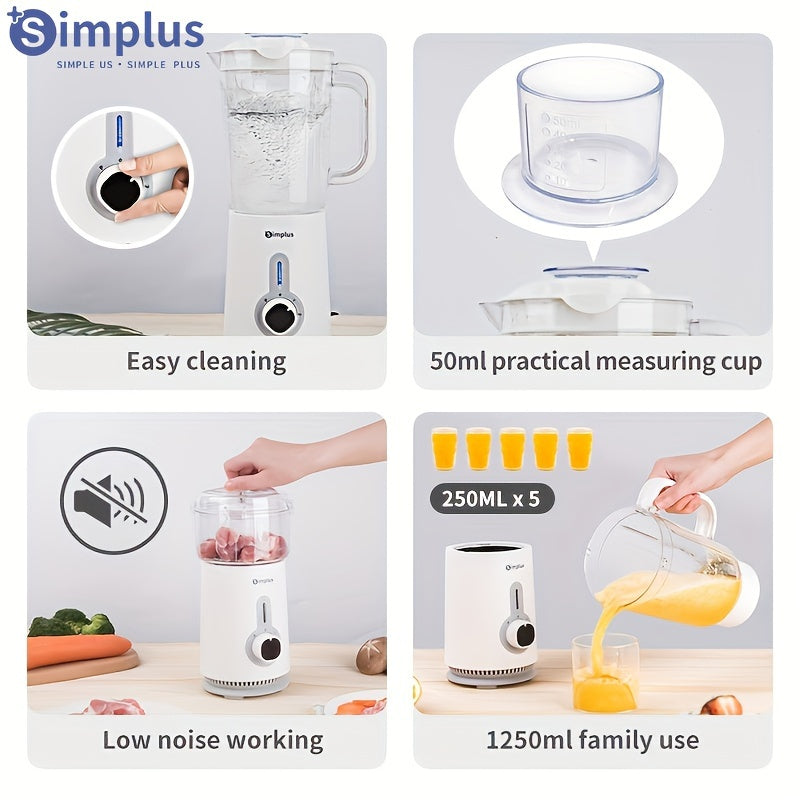 Simplus 3-in-1 Electric Blender with high power (380W), 3 stainless steel blades, 3 cups (300ml, 500ml, 1250ml), ABS material, European plug, for kitchen use, no batteries needed.