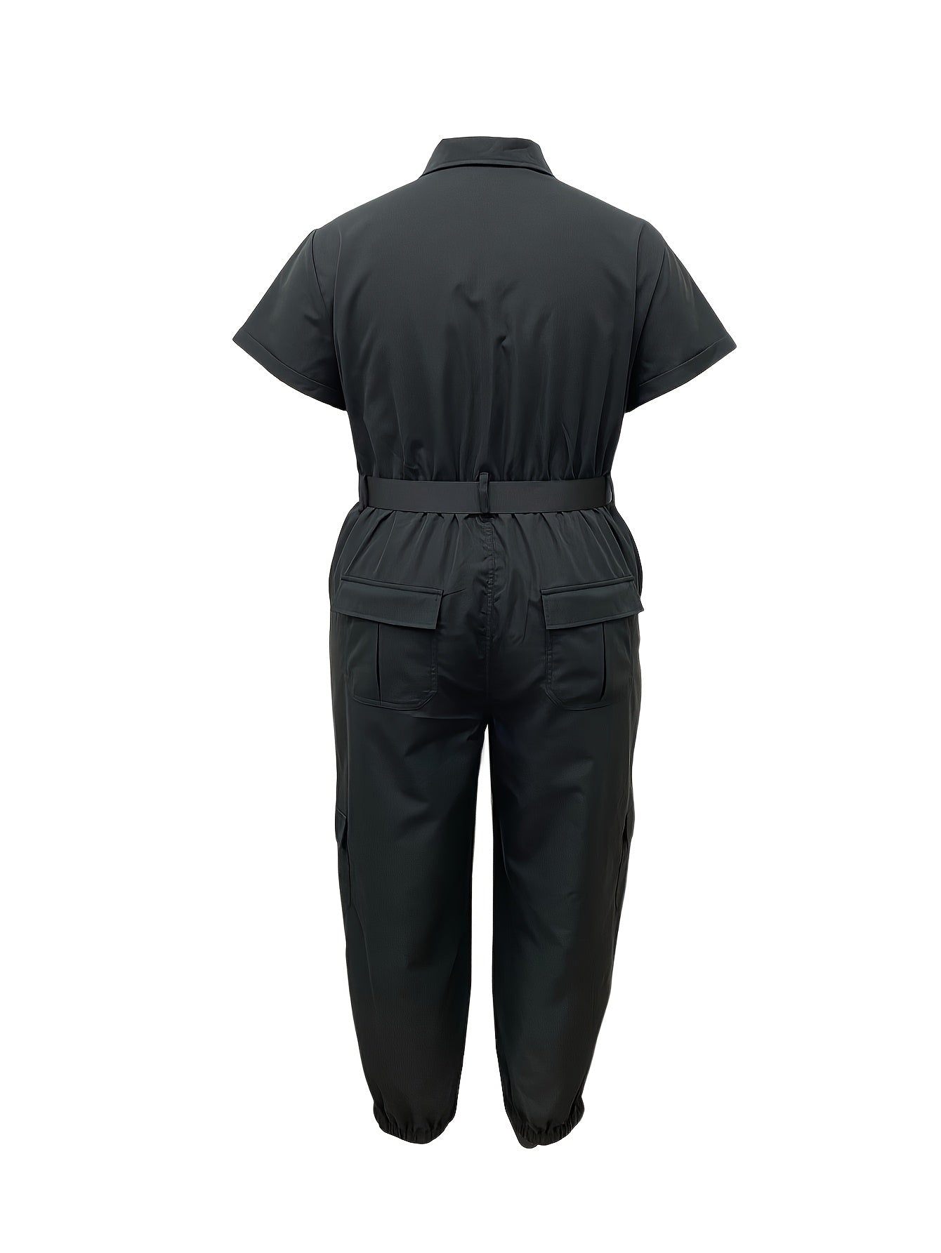 Plus size women's casual jumpsuit with pockets, zipper detail, belt, and non-stretch fabric suitable for all seasons.