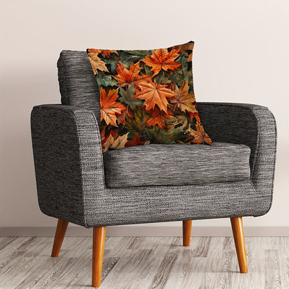 Autumn-themed pillow cover with pumpkin, sunflower, and maple leaf design. Single-sided print, zip closure, hand washable polyester, suitable for sofa and bedroom decor.