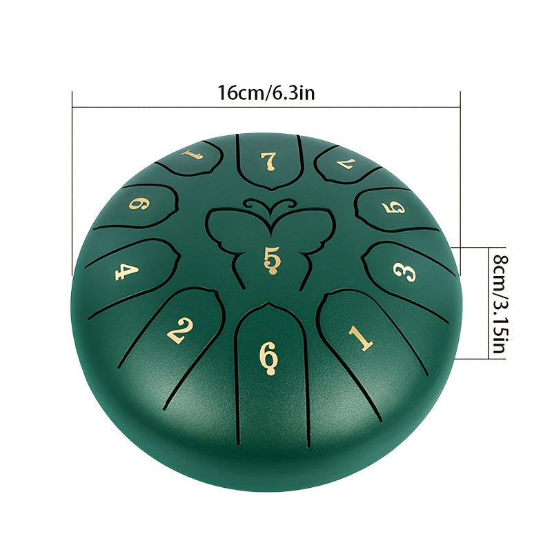 Steel Tongue Drum with 11 Notes, 15.24 cm for Sound Healing and Meditation, includes Carry Bag, Music Book, Sticks, and Accessories.