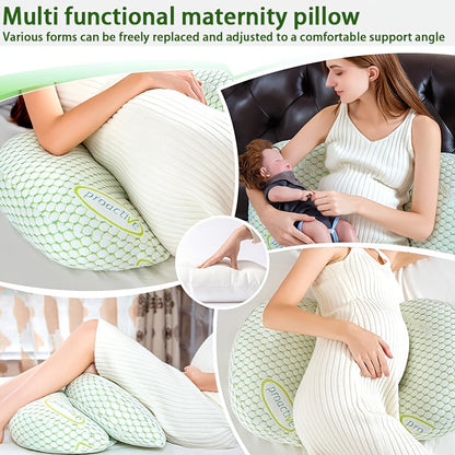 This soft polyester maternity pillow offers adjustable U-shaped support for breastfeeding, with detachable and washable features. It supports your back, waist, belly, and legs for added comfort.