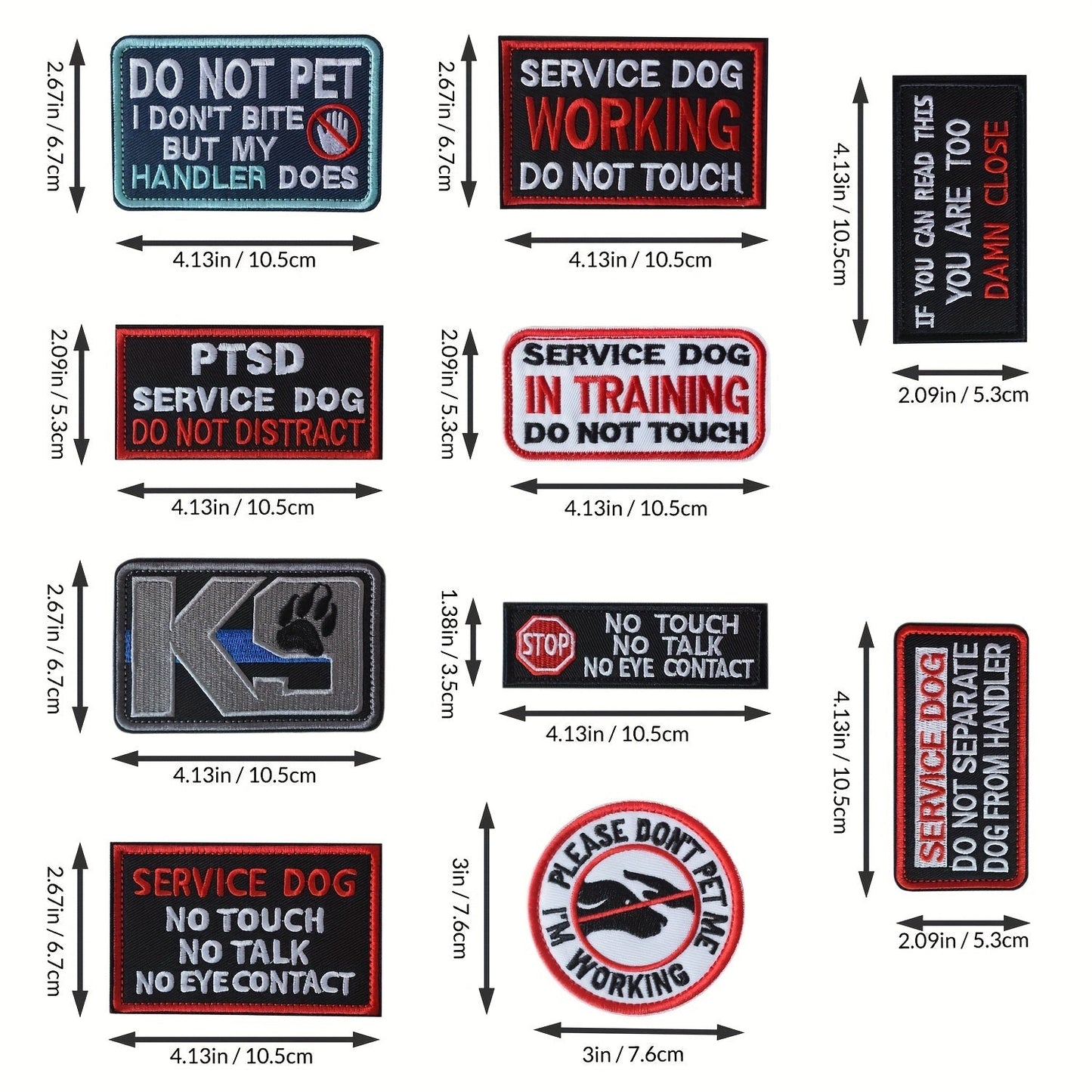 [Best Seller] Set of 10 J.CARP Service Dog Patches - Tactical & Training Phrases, Made with Strong Acrylic, Embroidered with Hook & Loop Fastener for Vests, Harnesses & Collars