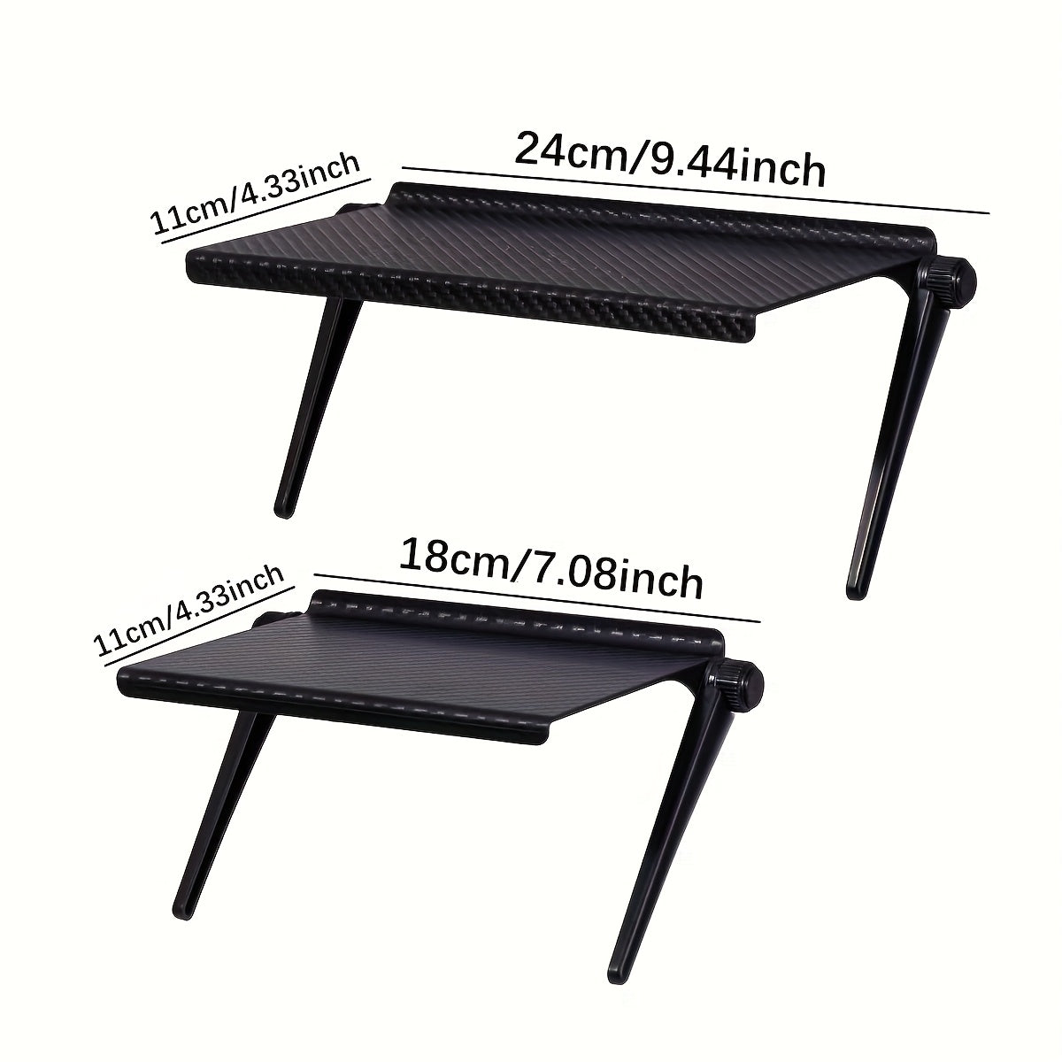 Adjustable shelf for TV or computer monitor with storage for media boxes, router, and office supplies.