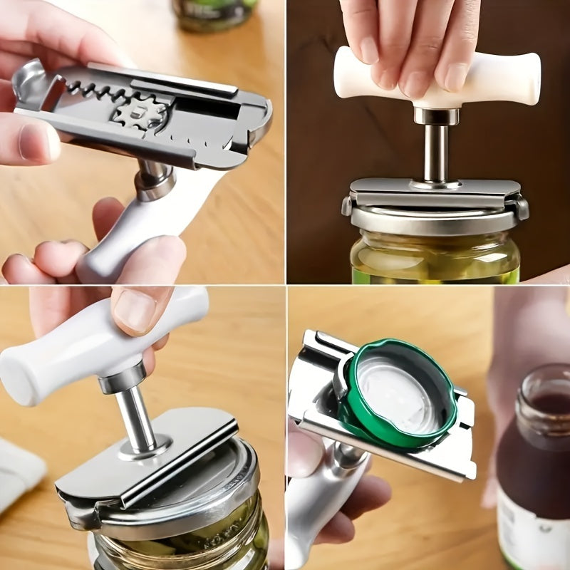 Stainless steel jar opener with adjustable grip for easy lid opening - essential kitchen tool.