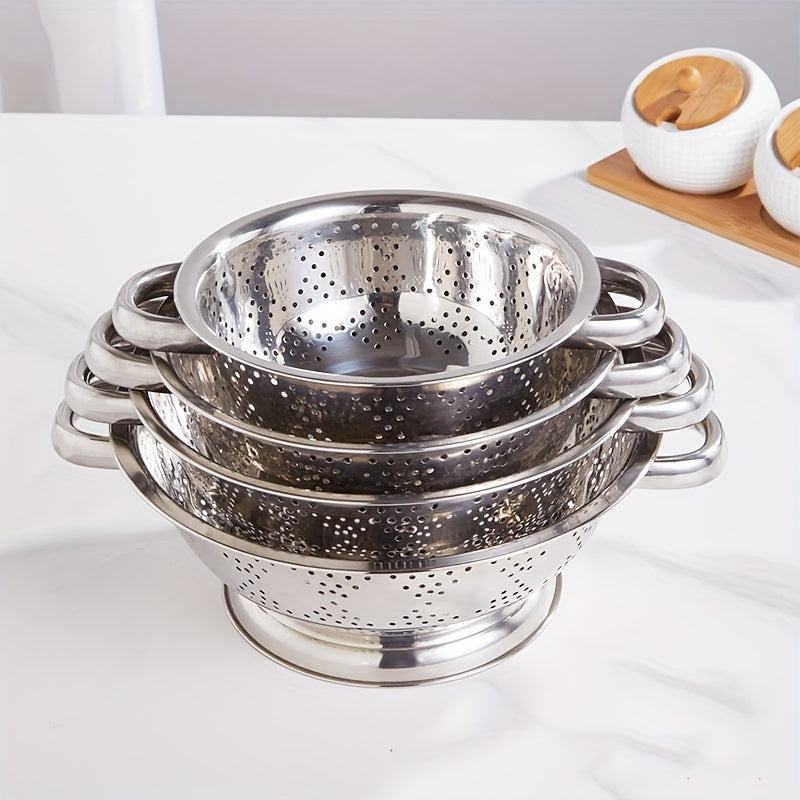 One piece of a durable metal colander with handles, perfect for washing and draining vegetables, fruits, and pasta. This food-safe kitchen strainer is made of stainless steel and comes with a sturdy base.