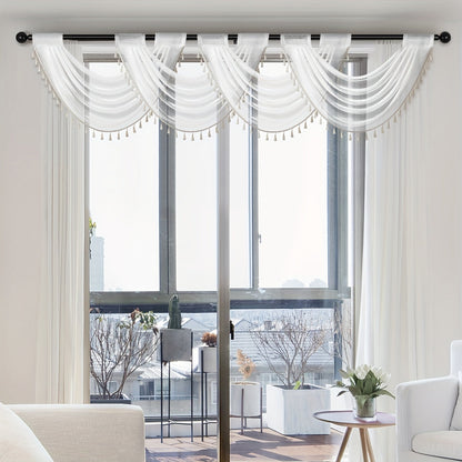 Fashionable Sheer Wave Curtain Valance with Tassels Edge - Light-Transmitting, Rod Pocket Design - Ideal for Living Room, Bedroom, or Kitchen Decor - Measures 30x24 Inches