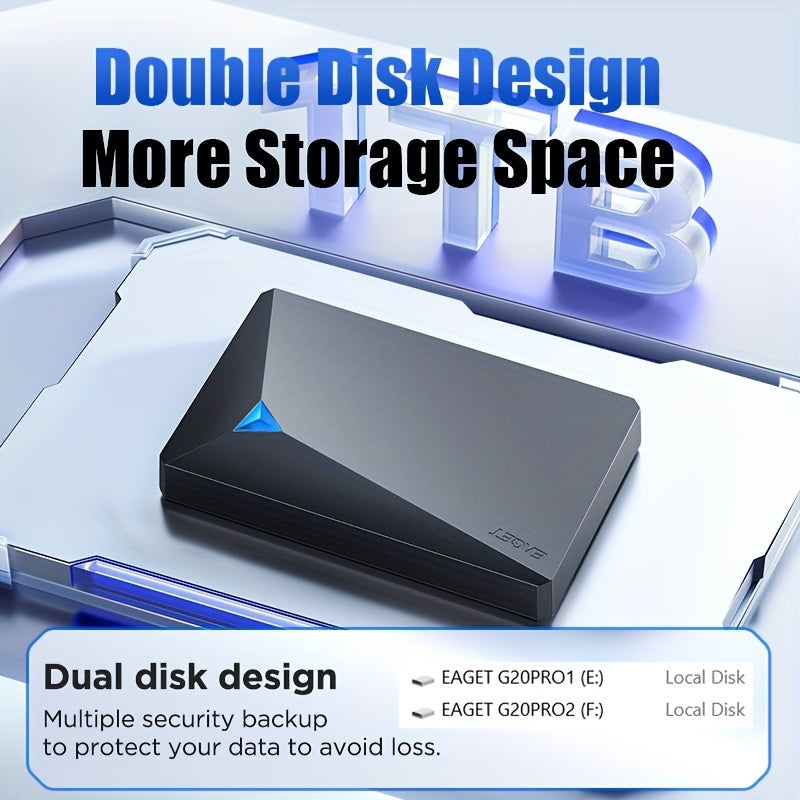 EAGET 1TB Portable Dual-Disk Hard Drive - USB 3.0 External Storage, Plug & Play for all devices - Perfect birthday gift.