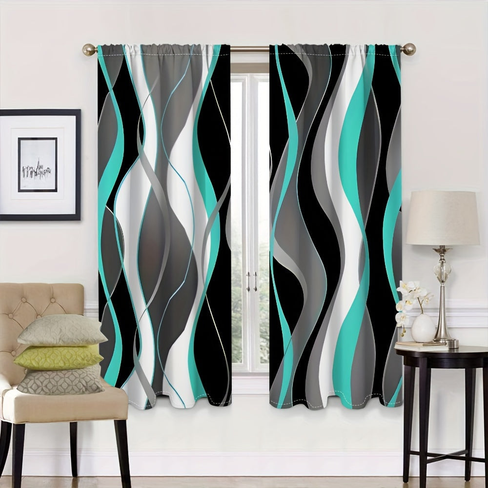 A modern abstract geometric curtain set, featuring 2 pieces in black and white. These semi-transparent privacy drapes are perfect for the living room and bedroom, and are machine washable for easy cleaning.