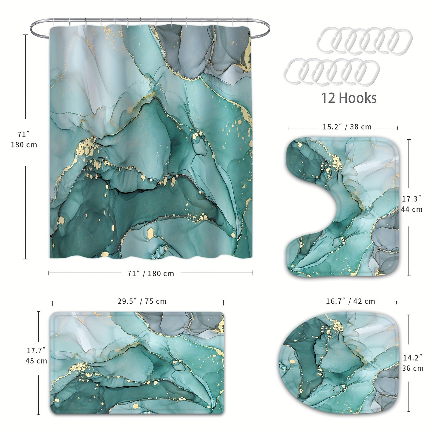 Teal Marble Pattern Shower Curtain Set with Mats and Hooks, Waterproof and Aesthetic Bathroom Decor