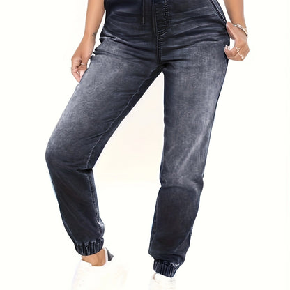 Women's plus size drawstring jogger jeans in a solid color with elastic waist, medium stretch denim made of 65% viscose, 20% polyester, 14% nylon, and 1% spandex, perfect for casual weekend