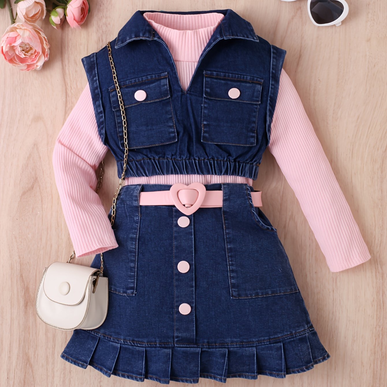 Girls' Fashion Casual Outfit Set: High neck long sleeve top with denim vest, knee-length pleated skirt with belt.