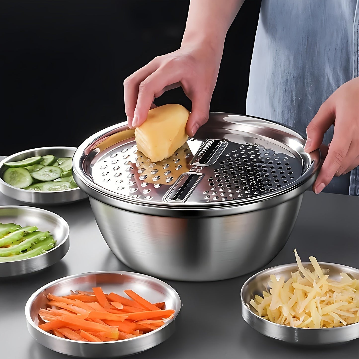 3-piece stainless steel kitchen set featuring an integrated grater, multifunctional strainer, and mixing bowl. Ideal for washing and slicing fruits, vegetables, and cheese. These food-safe prep bowls also come equipped with a drainage system for added