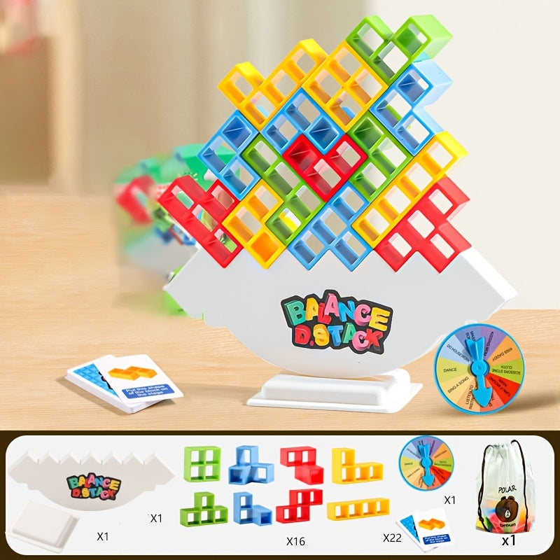 Balance blocks, interactive board games, puzzle stack toys, and table balancing games to improve concentration and compete to build the tallest tower.