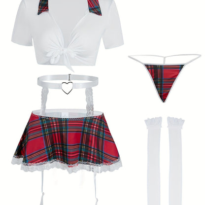 Sexy preppy cosplay costume set includes crop top, skirt, thong, garter belt, and stockings