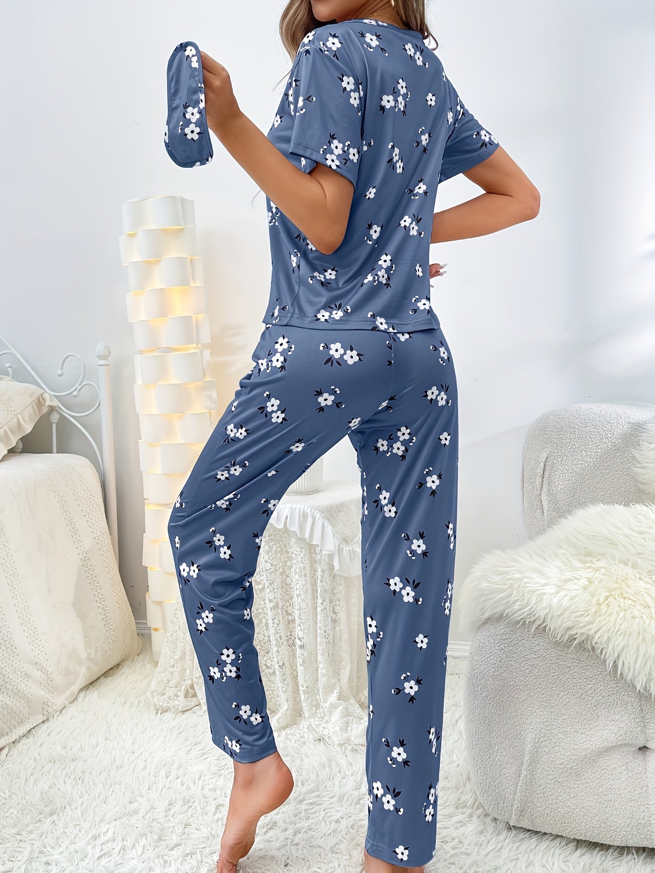 Floral lounge set with long sleeve top and pants for women's loungewear and sleepwear.