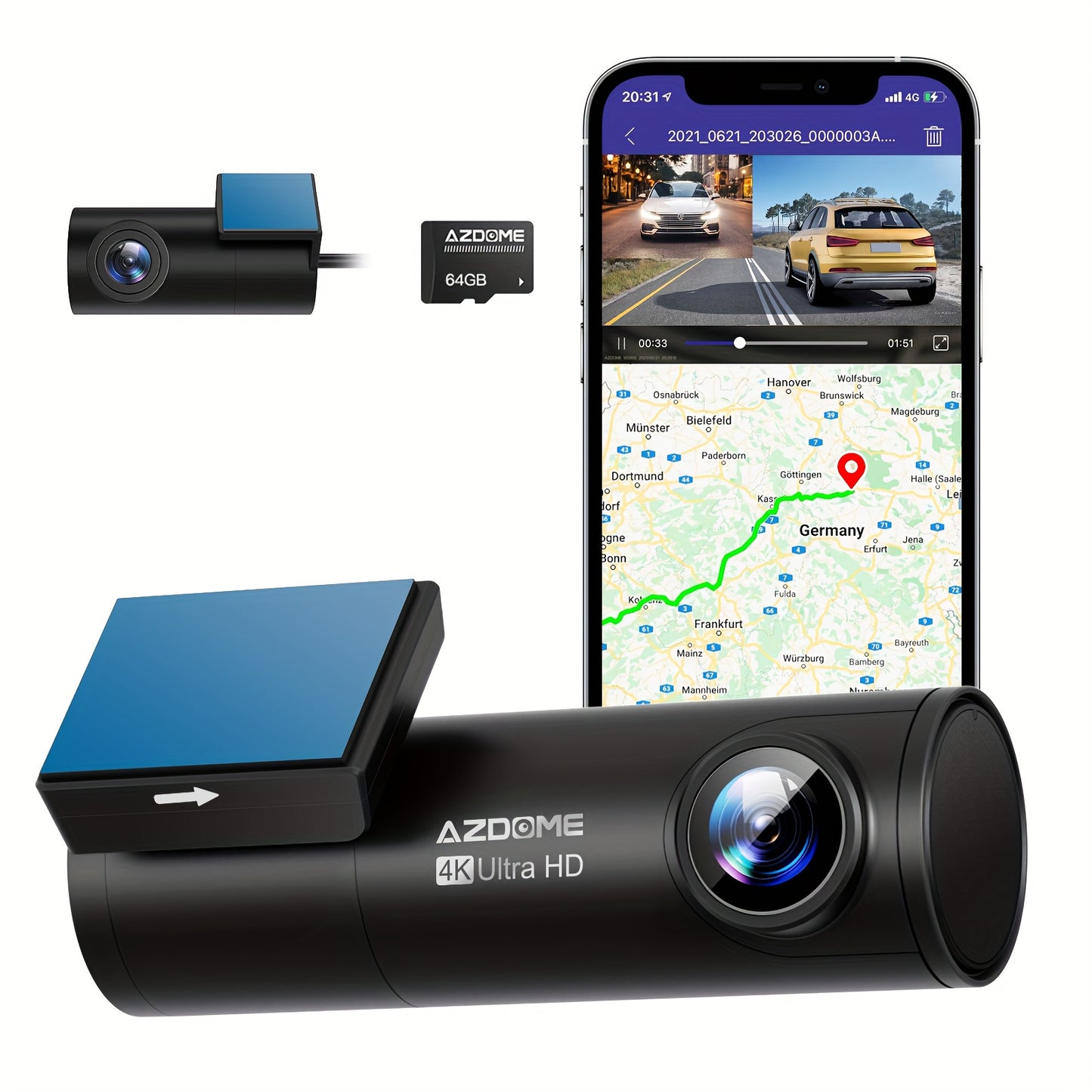 AZDOME M300S 4K HD Dash Cam with front & rear live recording, 5G WiFi, GPS, voice control, WDR, G-sensor, parking monitoring, and included SD card.