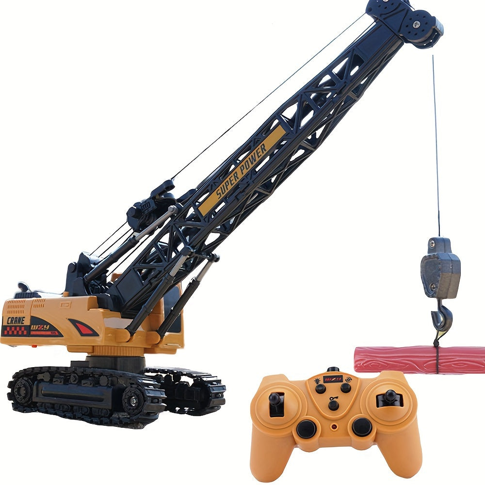 FUUY 2.4Ghz RC Crane with Lights & Sounds is a yellow, 360° rotating toy with 8-channel remote control and USB rechargeable battery. Ideal birthday gift for youngsters.