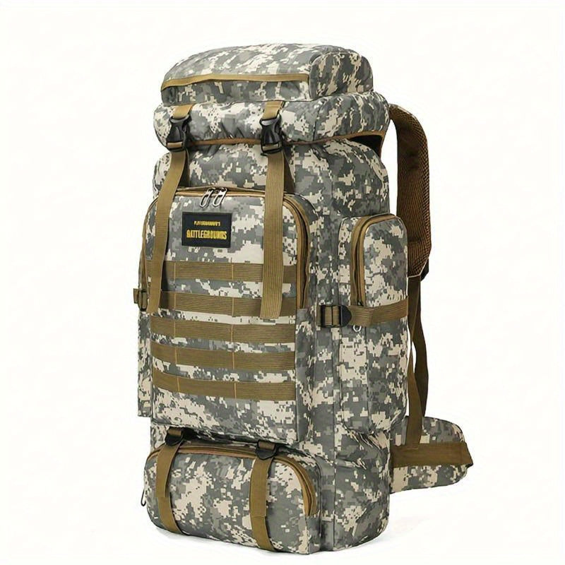 Durable camo travel backpack made from waterproof Oxford cloth, perfect for outdoor adventures and long trips.