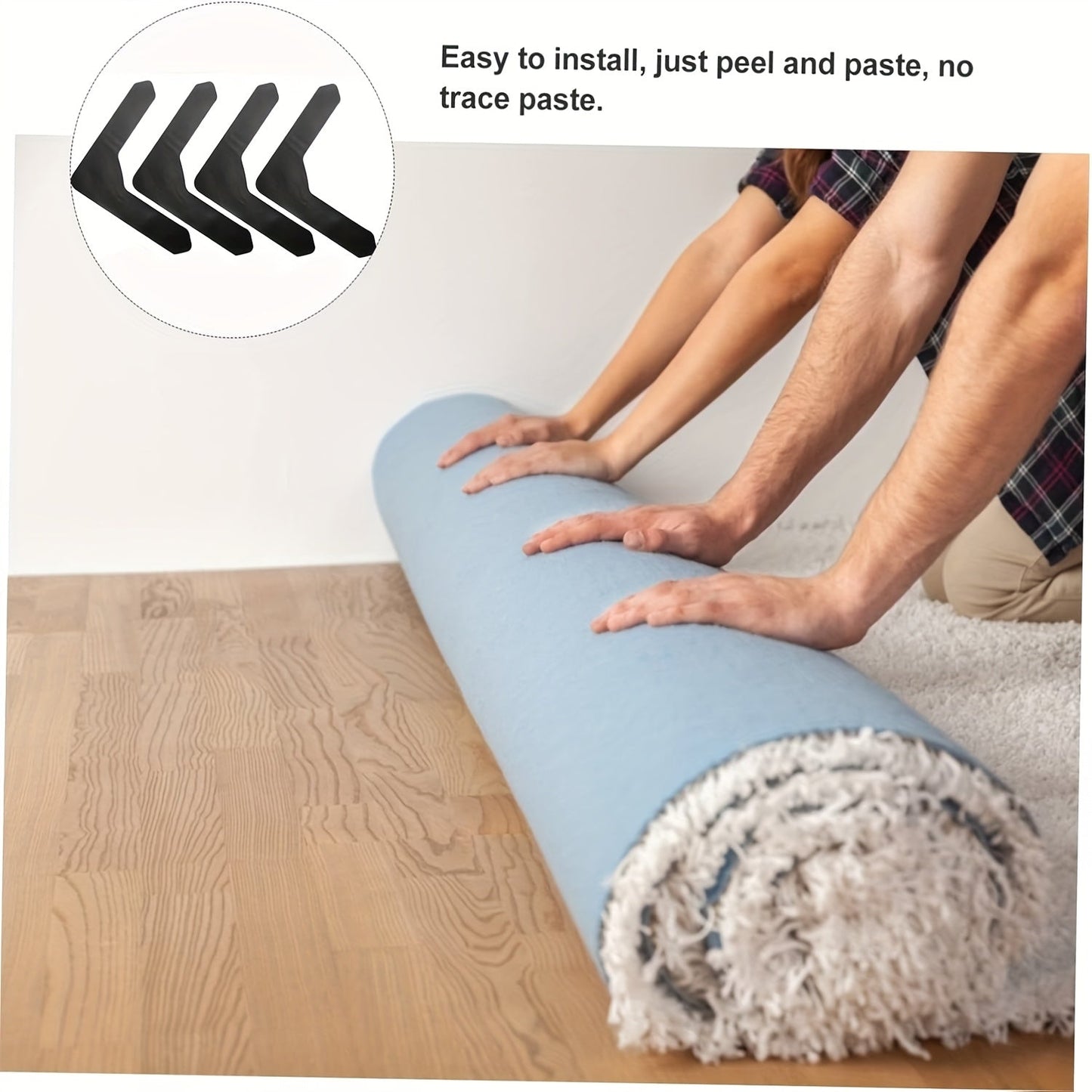 Reusable carpet grippers, 12 pieces in a set. These dual-sided rug pads are non-slip and perfect for hardwood floors. They have strong adhesive for secure placement and easy removal. Ideal for adding a decorative touch to your office or bedroom.