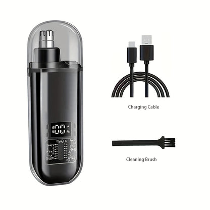 Men's USB rechargeable nose and ear hair trimmer with mini compact design. Fast charging via computer and car USB interface. Suitable for ages 14+. Made of plastic.