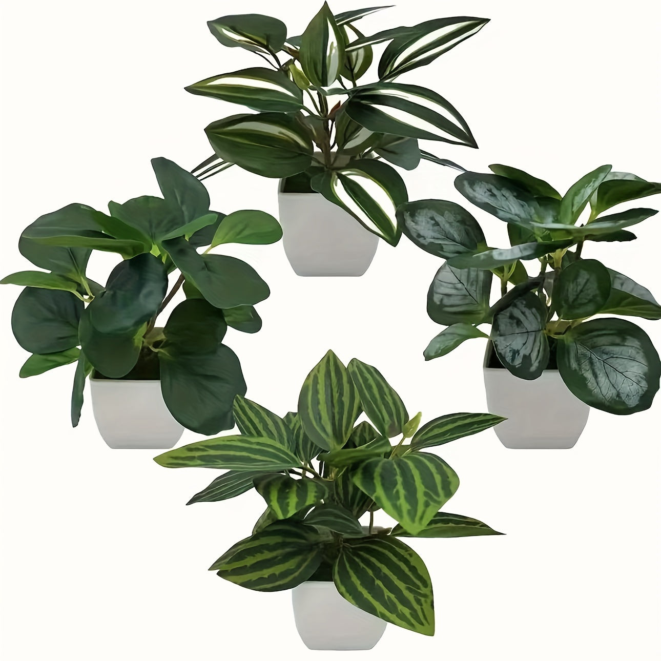 4-piece set of realistic artificial greenery in white pots, featuring watermelon leaf design. Perfect for home and office decor, including festive and garden decorations.