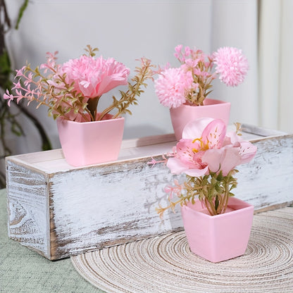 1 set of 3 mini decorative artificial flowers (rose, peach blossom, orchid pink) in small pots, perfect for weddings, home or office decor.