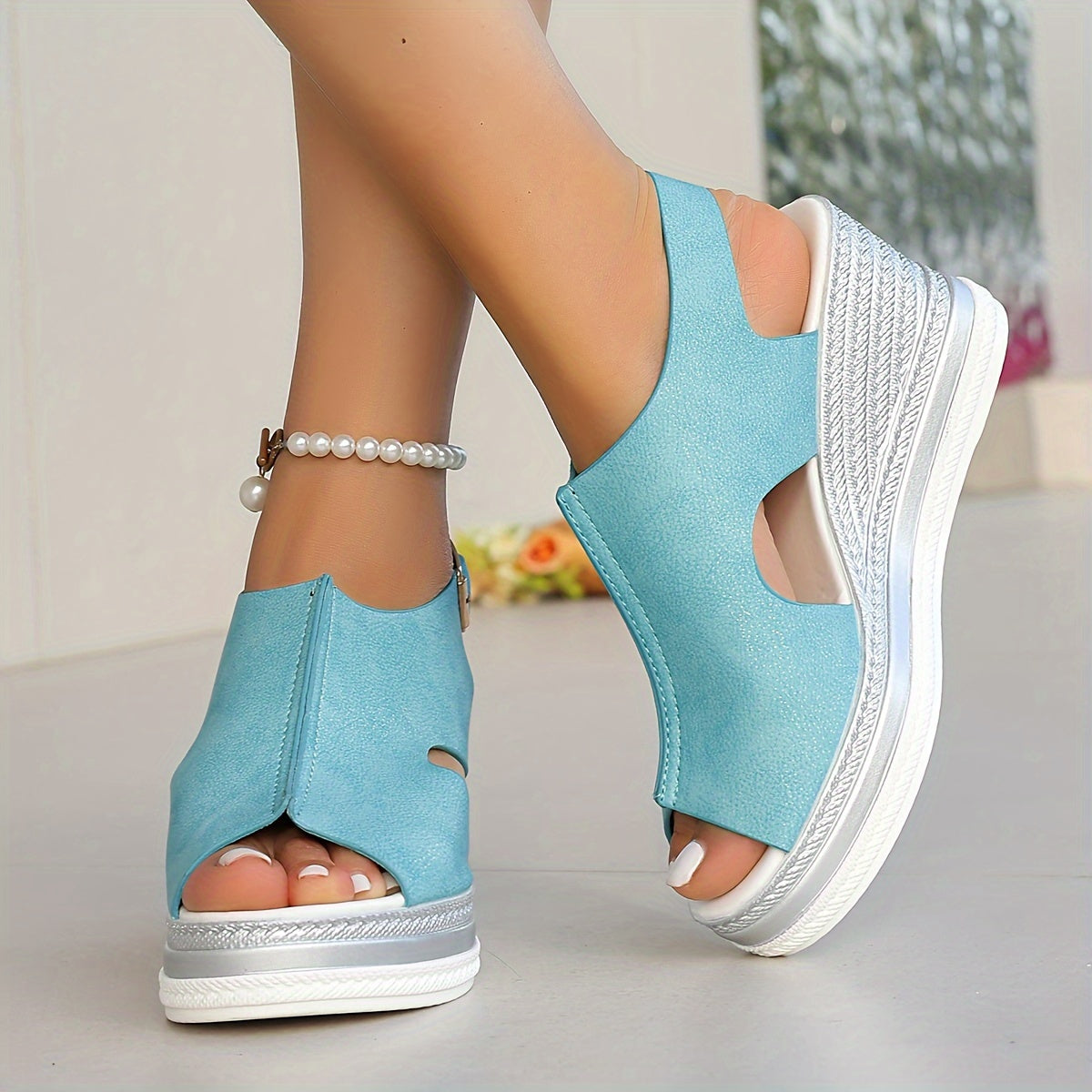 New material fish mouth sandals with thick-soled wedge heel.