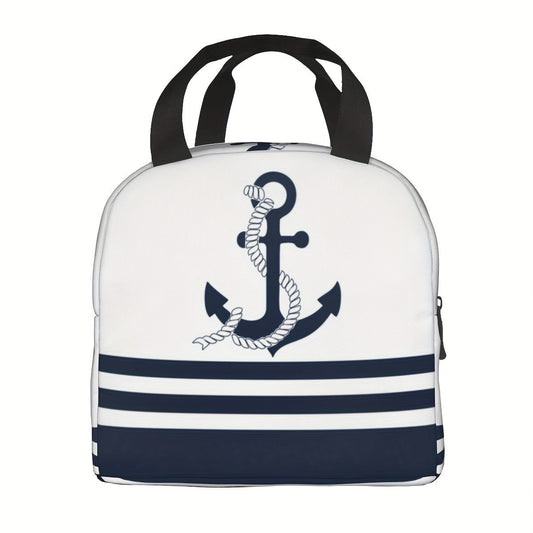 Stay stylish and organized with our Nautical Blue Anchors Insulated Lunch Bag. This durable and waterproof Oxford cooler tote features classic blue and white stripes, making it perfect for back-to-school or outdoor picnics. With a large capacity, this