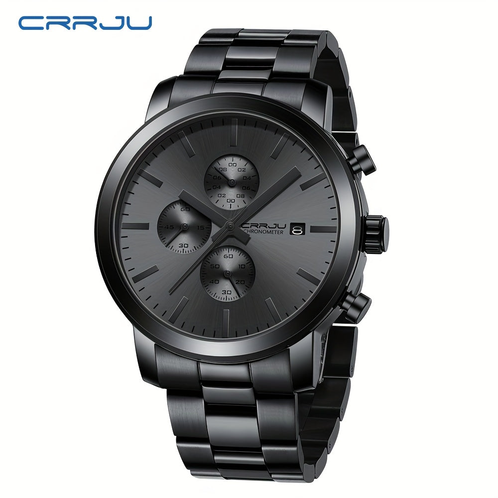 CRRJU Luxury Men's Stainless Steel Quartz Chronograph Watch with Business Style Analog Display.